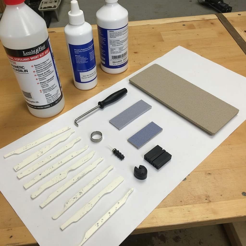 A fiberglass window repair kit laid out on a workbench