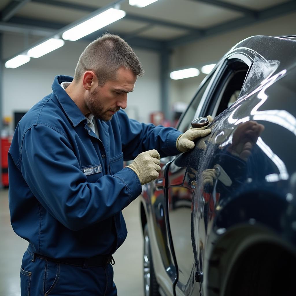 Final inspection of a car after body repair in San Antonio