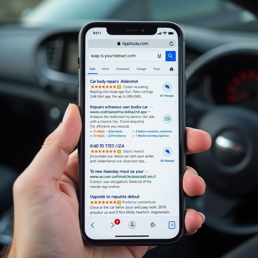 Person searching for car body repairs Aldershot on their smartphone