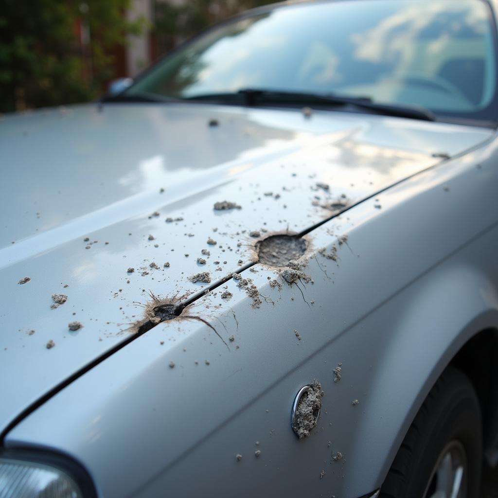 Car paint chips from road debris