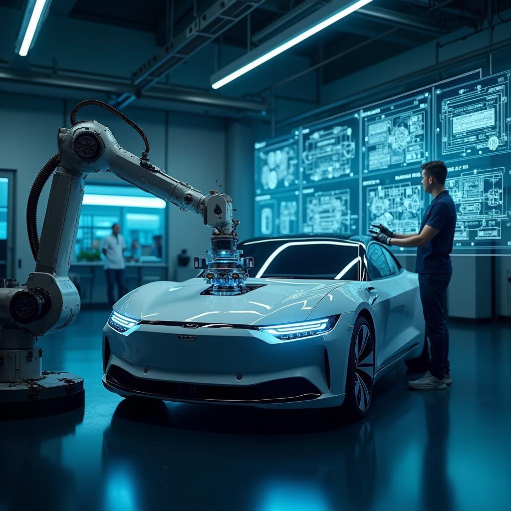 A futuristic electric car repair shop with augmented reality interfaces and robotic arms.