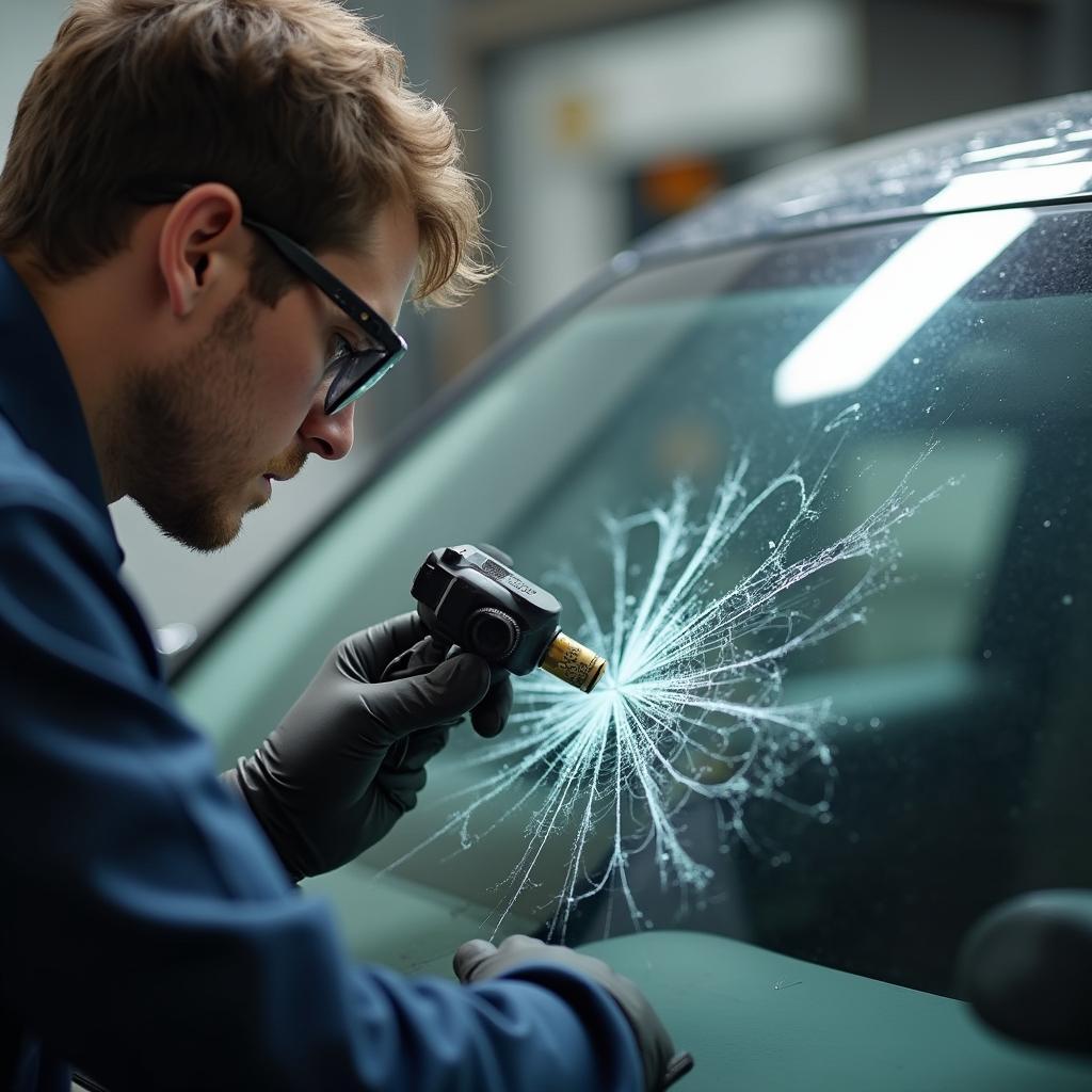 Gilbert, AZ car window repair shop with a technician inspecting a windshield crack