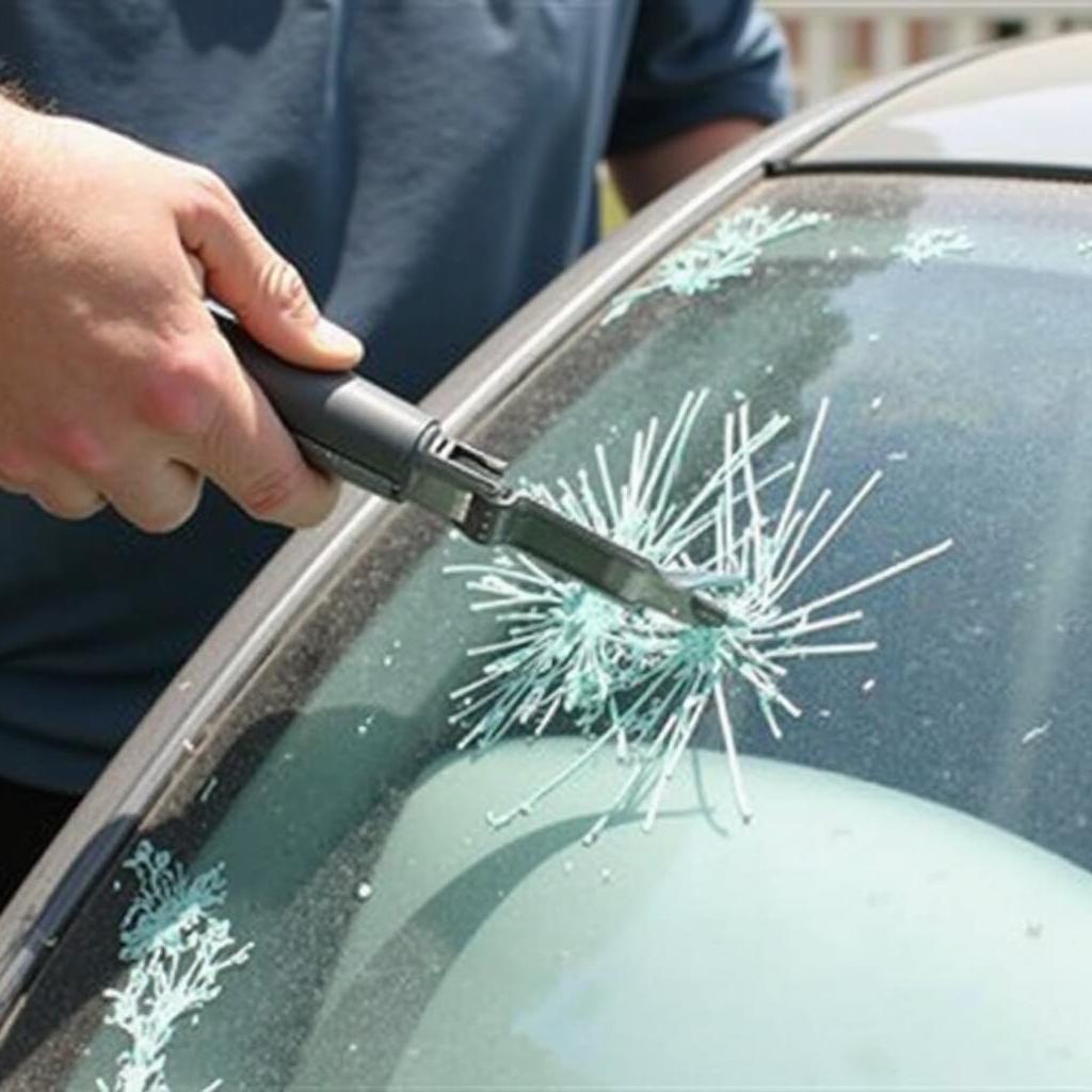 A mechanic using a glass cutter to score a car window pane