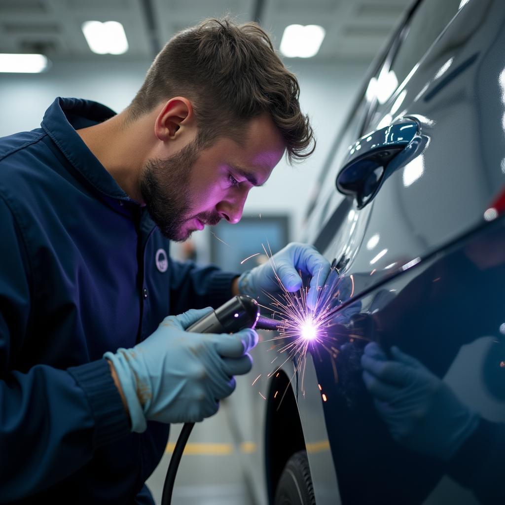 Car welding specialist inspecting repaired area