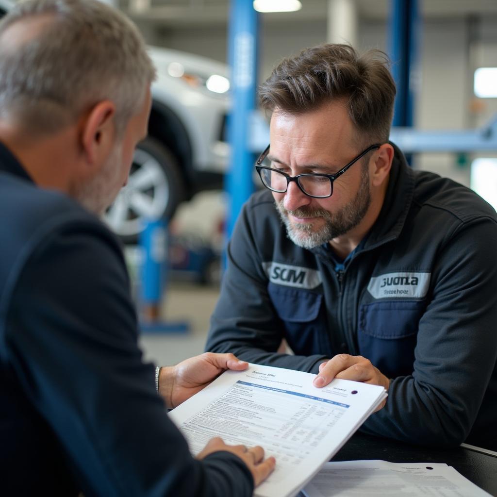 Customer discussing car repair with a service advisor at a Gloucester shop