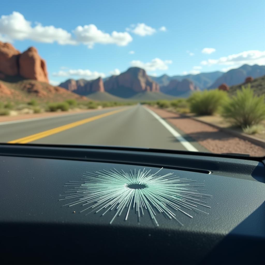 Car with a cracked windshield in Gold Canyon