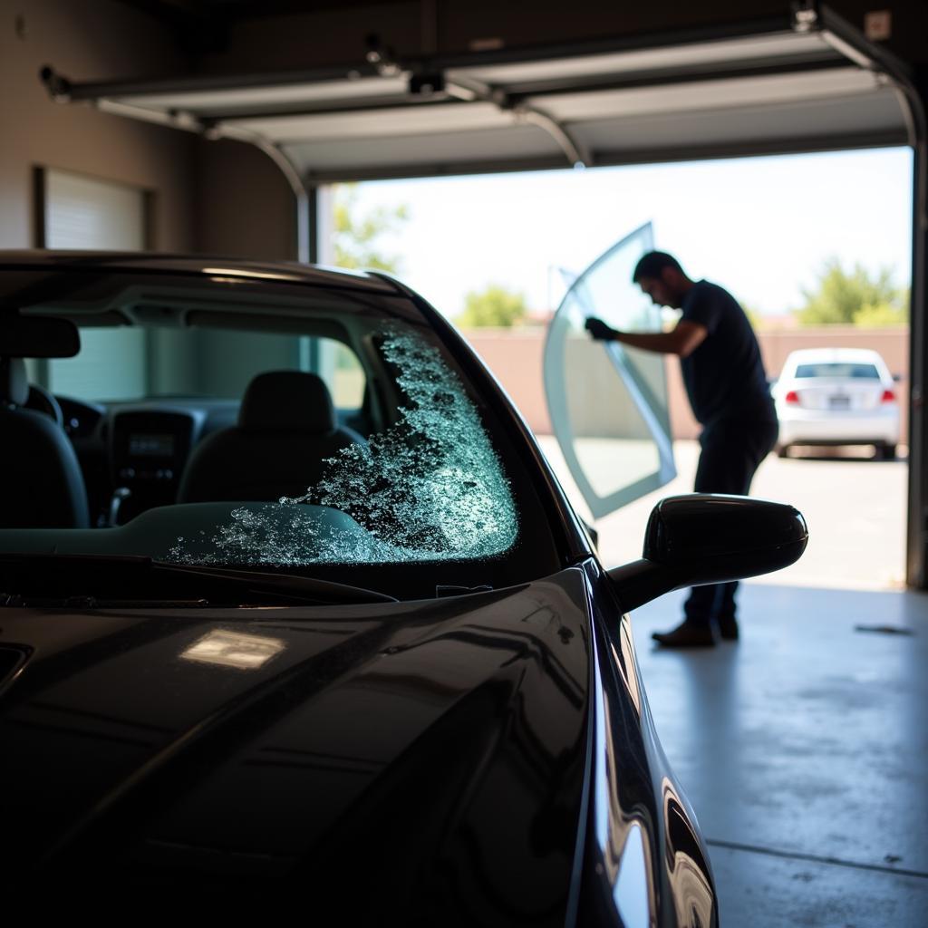 Car undergoing window replacement in a Gold Canyon garage