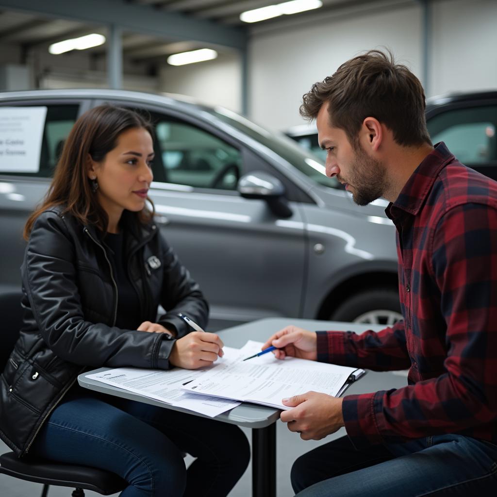 A customer reviewing a car body repair estimate in Gwynedd