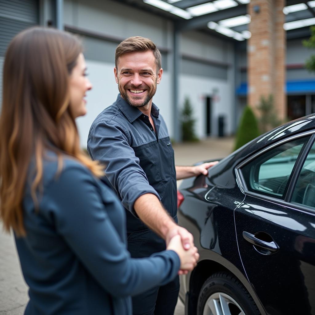 A satisfied customer receiving their car after scratch repair in Portsmouth