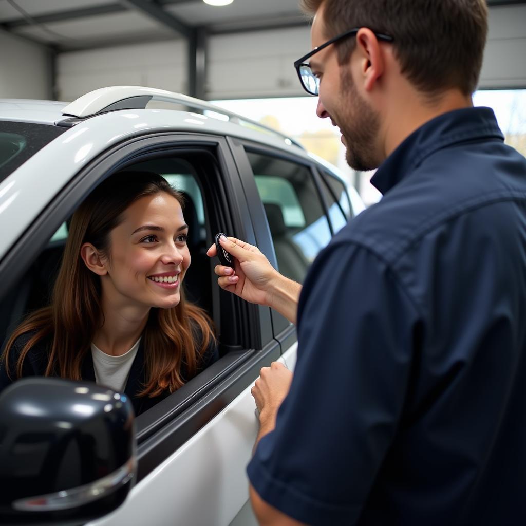  A happy customer receiving their car keys after a successful window tint repair in Holland, OH