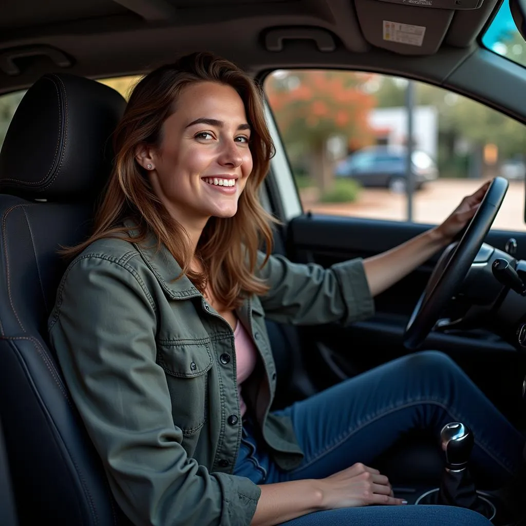 A smiling driver enjoying the warmth of their functioning heated car seat on a cold day.