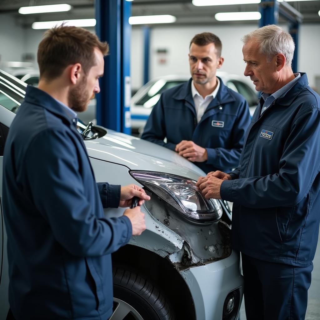 Helston car body repair experts examining a vehicle