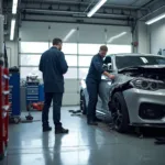 Modern auto body repair shop with technicians working on a damaged car