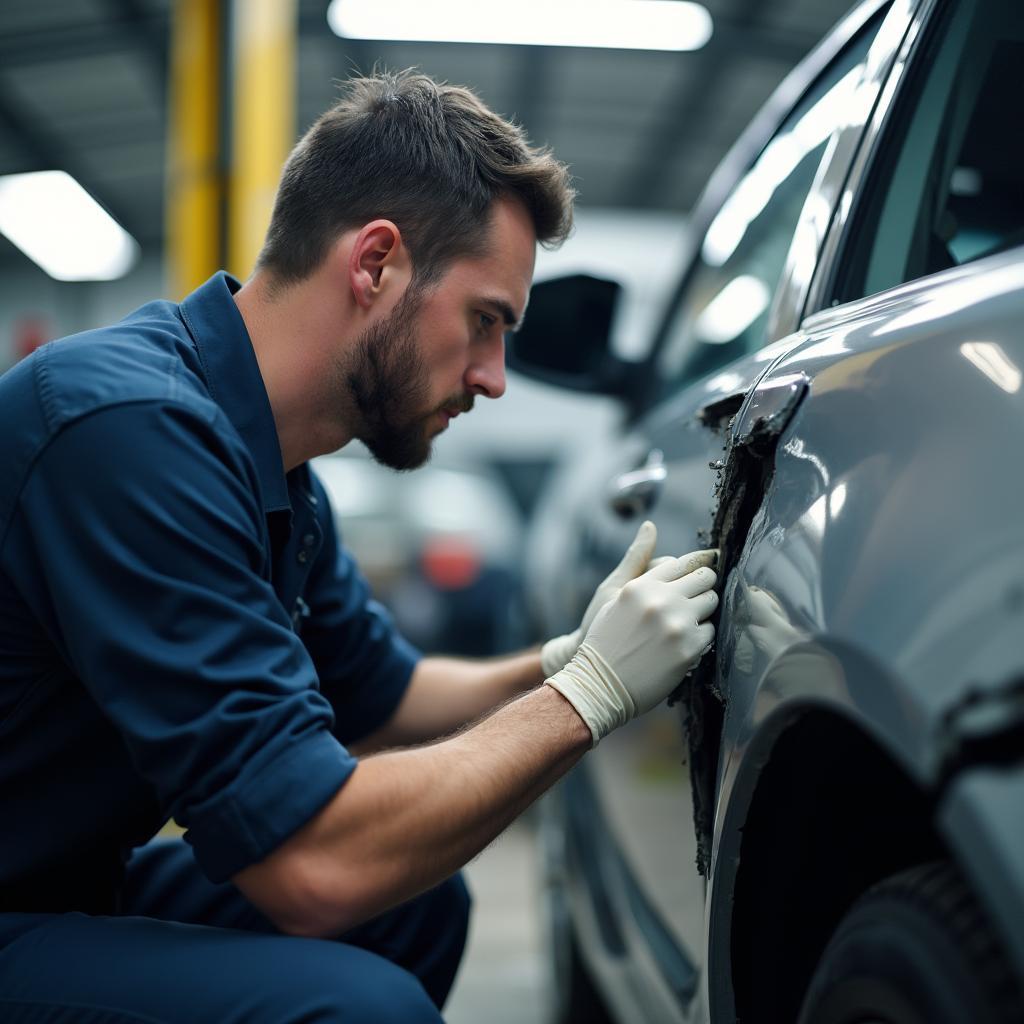 Skilled technician examining car damage in Hertford