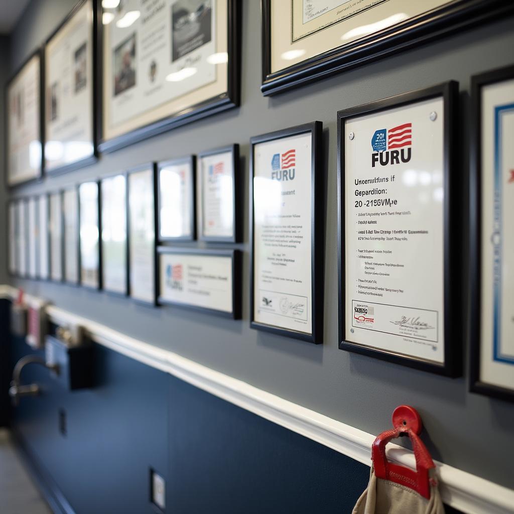 Car body repair technician with certifications displayed on the wall