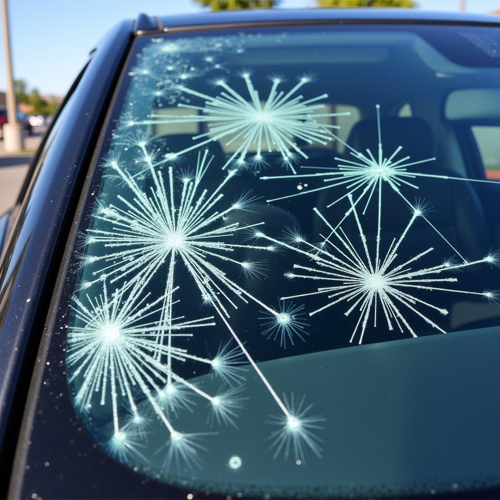 Car window with damage from rock impact