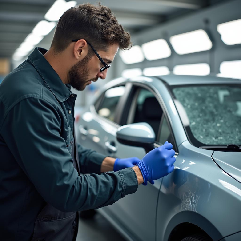 Inspecting a car after paint repair in South Jersey