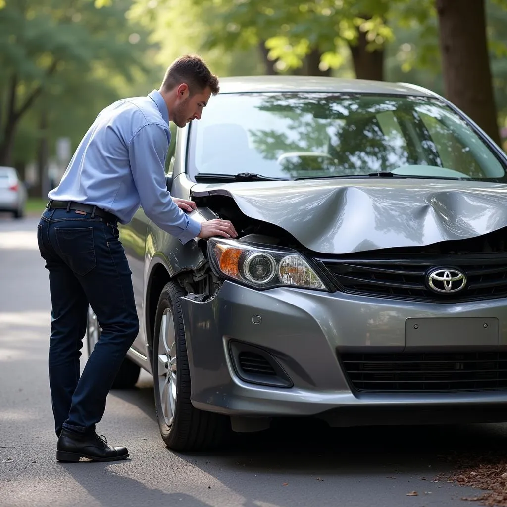 Insurance Adjuster Inspecting Damaged Car