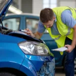 Insurance assessor inspecting car damage for repair estimation