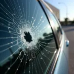 Car window with extensive damage from impact.