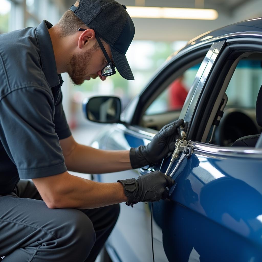 Skilled technician performing car window repair in Inverness.