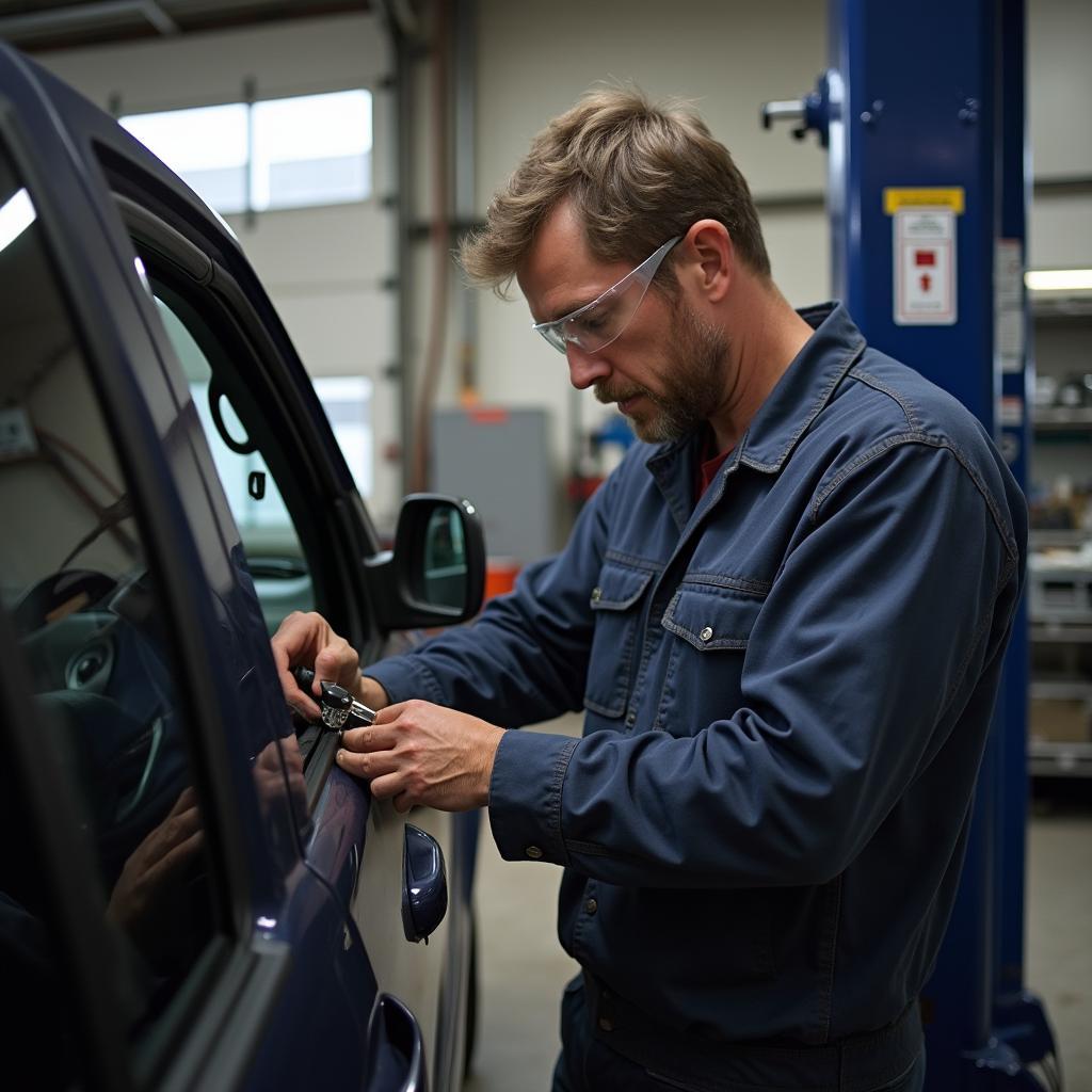 A mechanic replacing a Jeep Liberty window motor