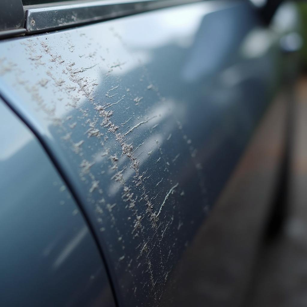 Close-up of keyed car damage