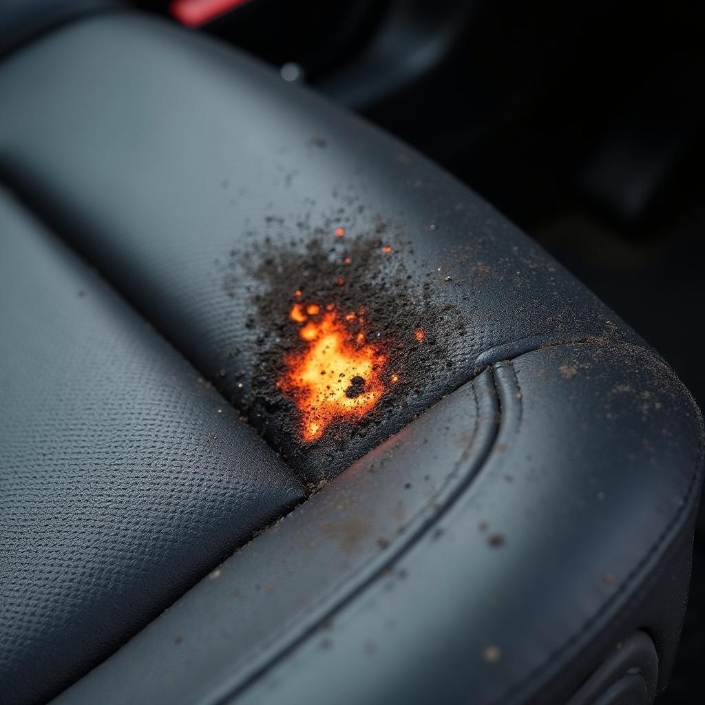 Leather car seat with burn damage