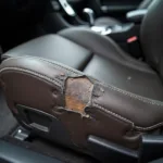 Close-up of a damaged leather car seat in need of repair in Bolton