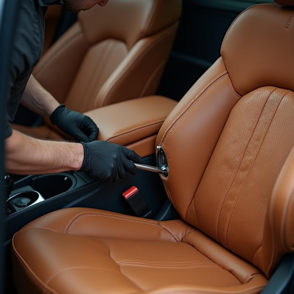 Leather car seat repair in progress in Northern Ireland