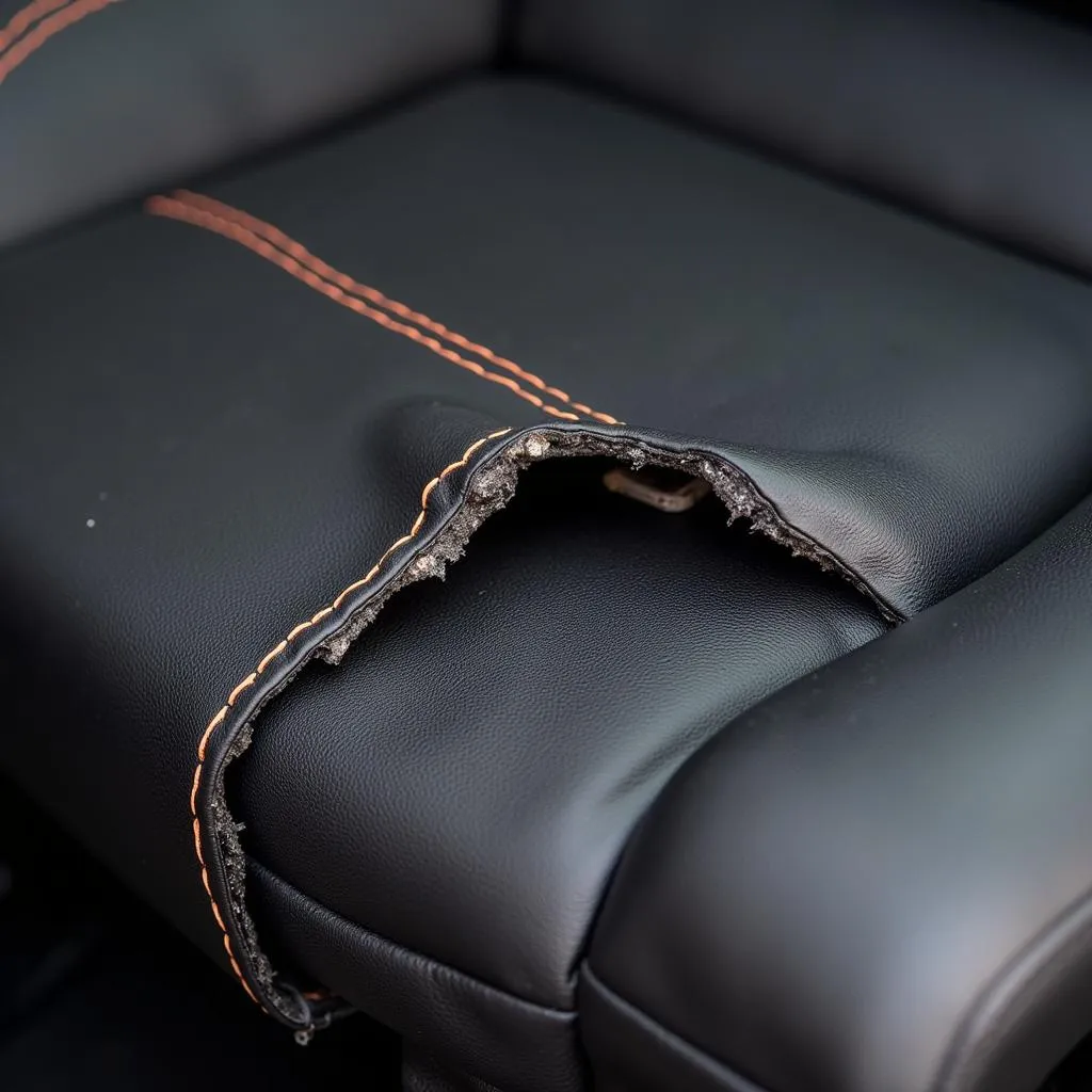 Leather car seat with a tear exposing the heating element