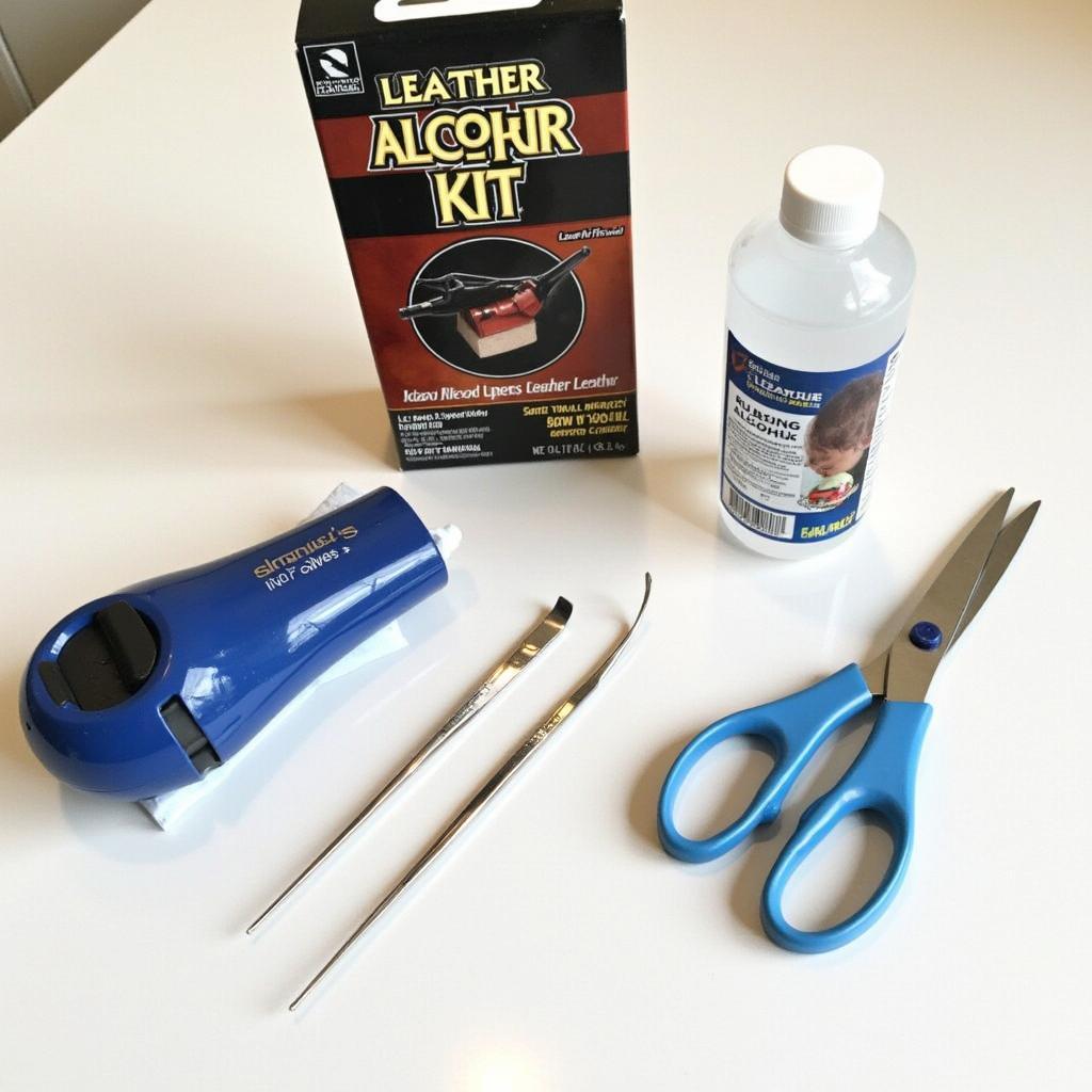 Leather repair kit and tools arranged on a table