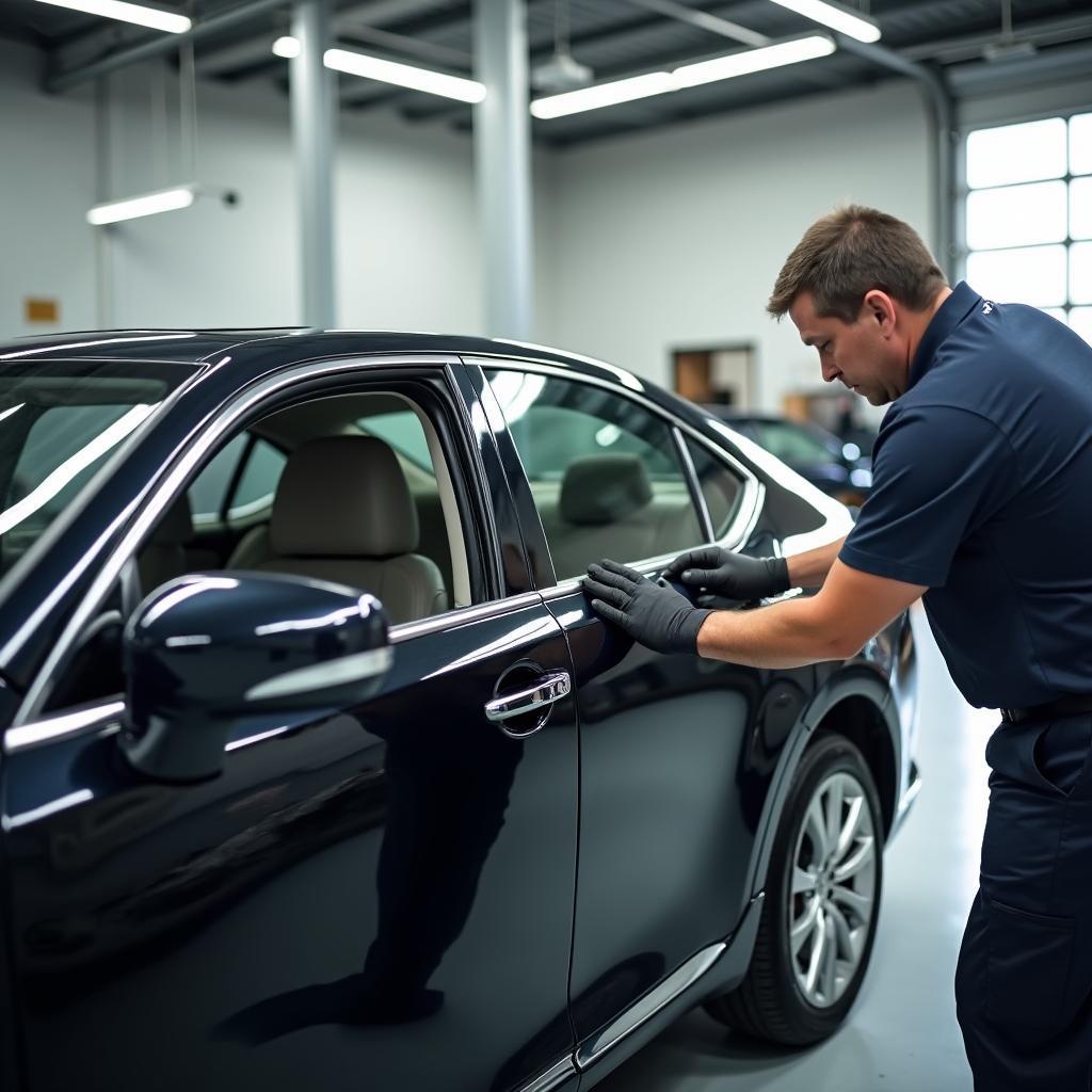 Certified technicians repairing a Lexus car window in a Los Angeles auto shop