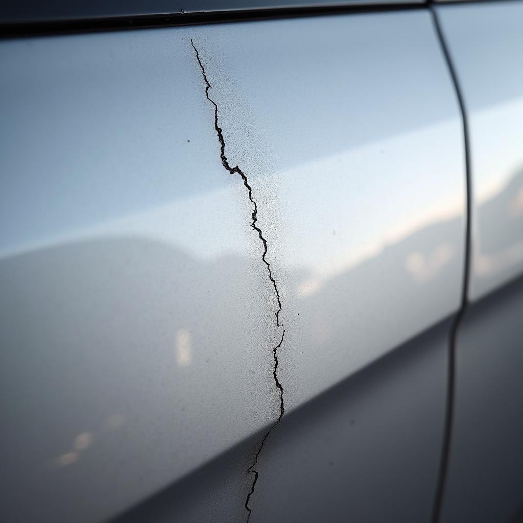 Close-up of a scratch on a Lincoln car paint