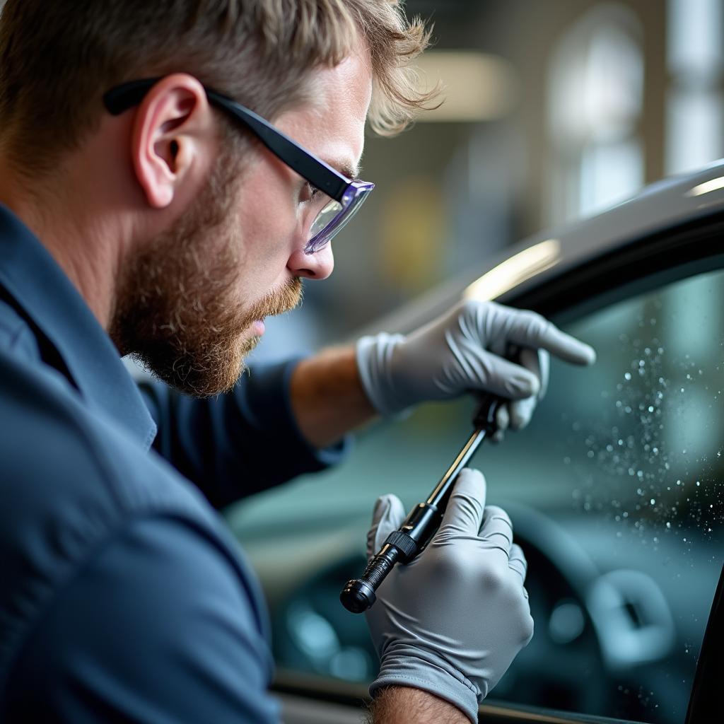 Skilled technician performing car window chip repair in Lincoln NE