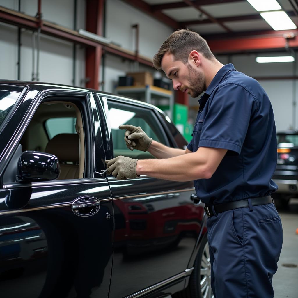 Professional mechanic repairing a Lincoln Town Car power window