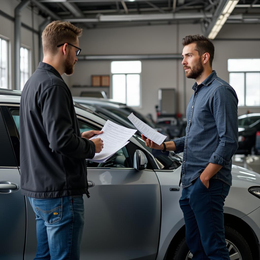 Car owner discussing insurance claim with repair specialist