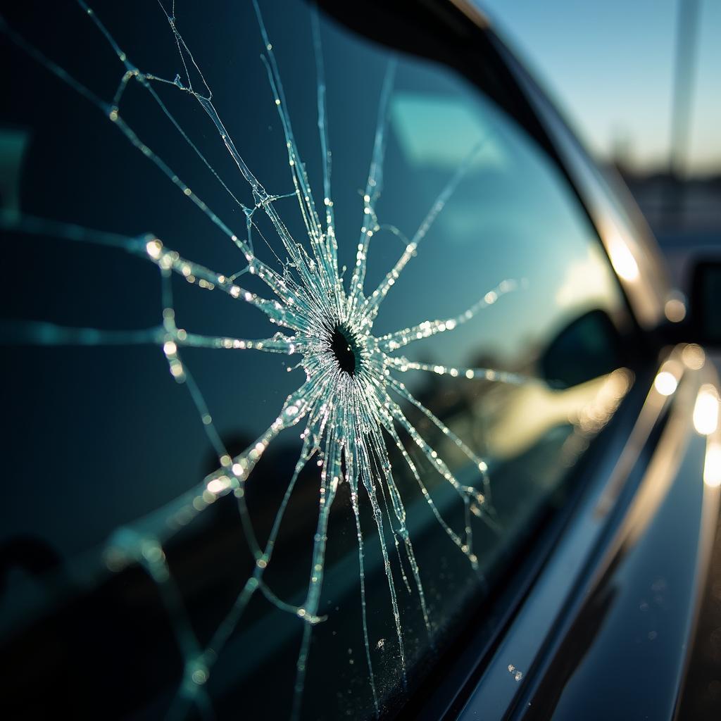 Car window with extensive damage from impact