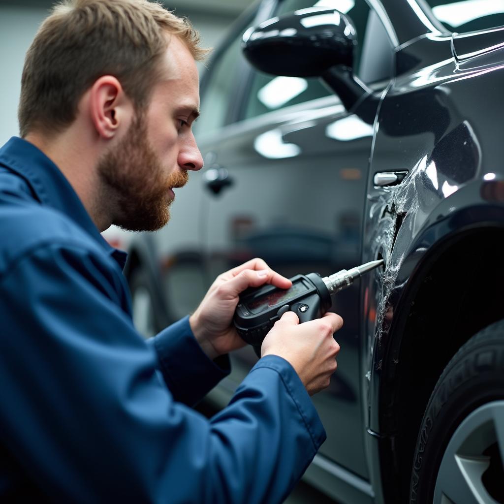 A skilled car body repair technician working in Lutterworth