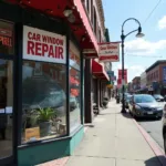 Car window repair shop located on a bustling Main Street