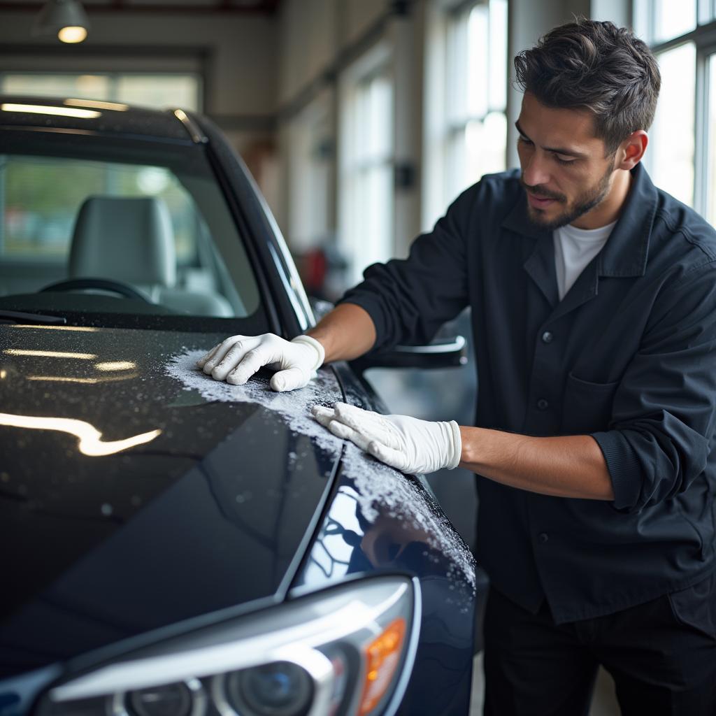 Car owner applying wax to their car's exterior, ensuring its longevity and shine.