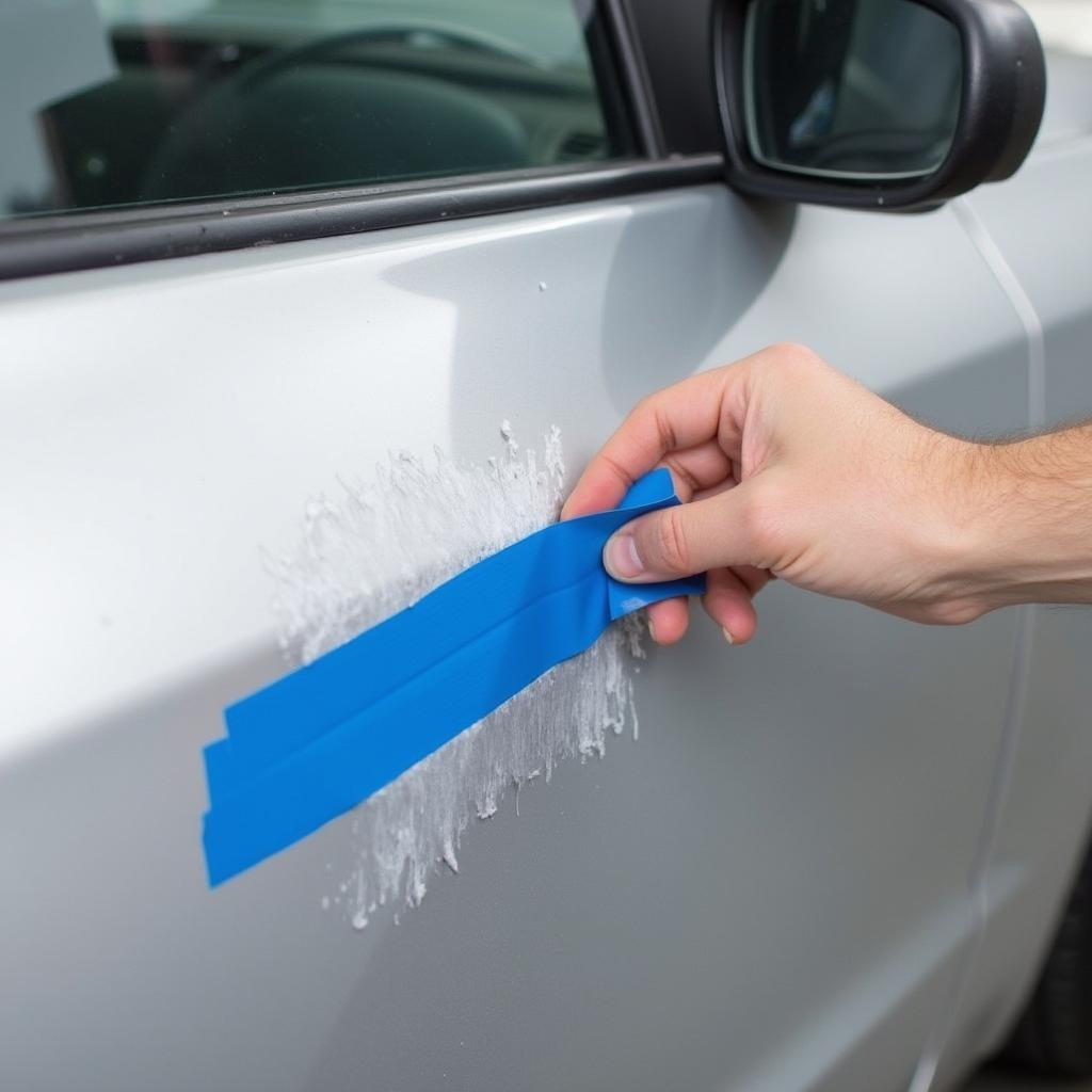 Using masking tape to protect car paint during scuff repair