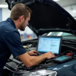 Mechanic Analyzing Car Diagnostics on a Windows 7 Laptop