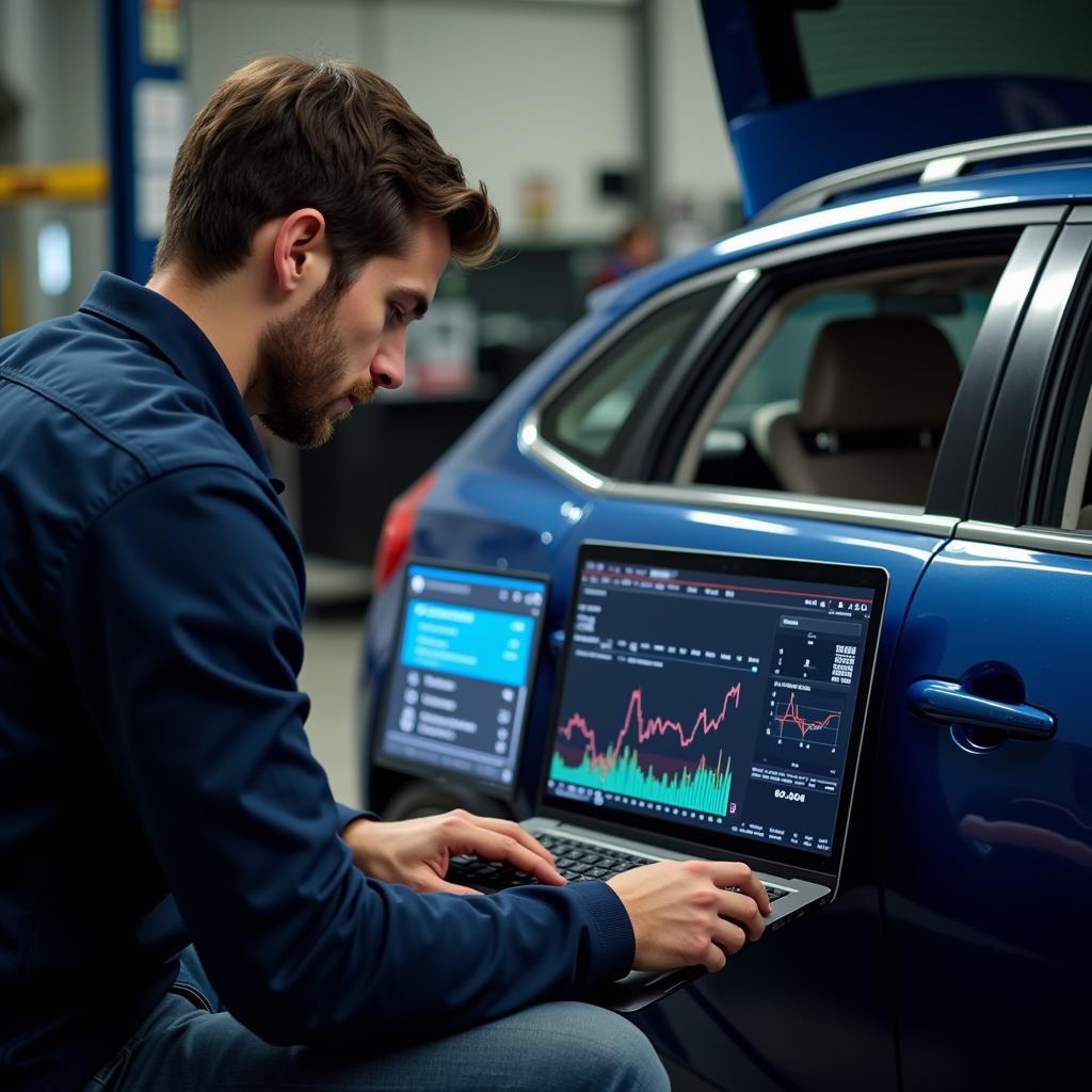 Mechanic Analyzing Car Mileage Data on Laptop