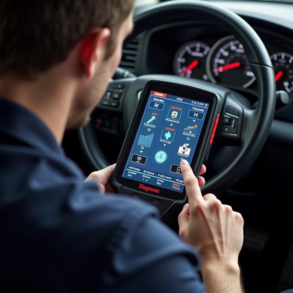 Mechanic analyzing data on a car diagnostic scanner.