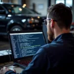 Mechanic Analyzing Diagnostic Trouble Codes on a Laptop