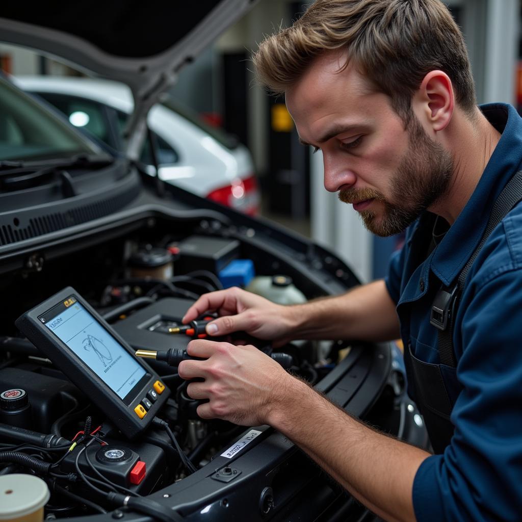 Mechanic Diagnosing Car Electrical Problem