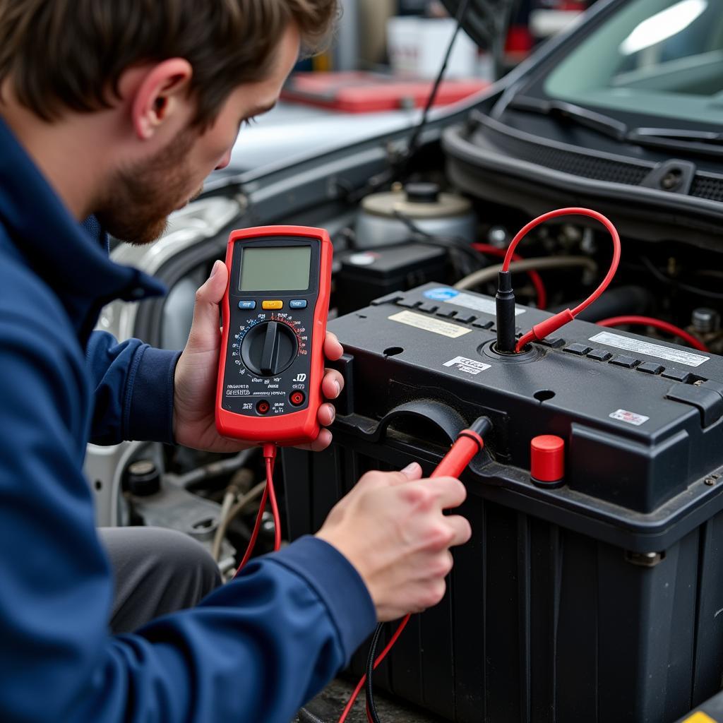 Mechanic Diagnosing Car Electrical Problem with Multimeter