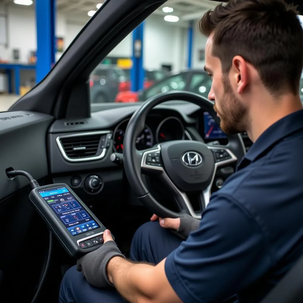 Mechanic Using Diagnostic Tool on Car Key Sensor