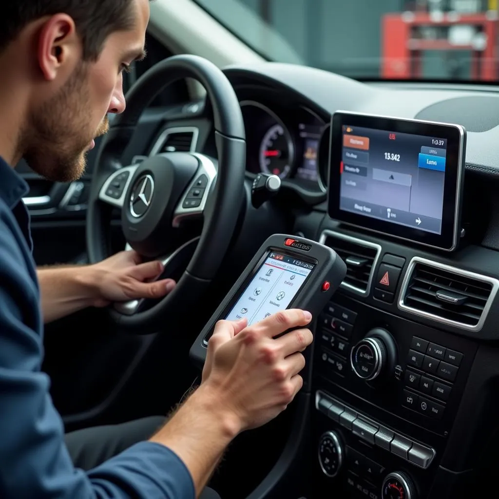 Mechanic Diagnosing Mercedes Stereo Using a Computer